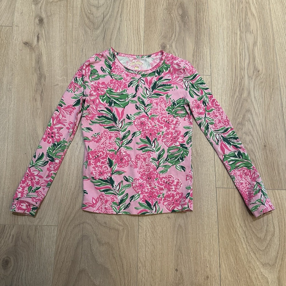 Girls Kids Lilly Pulitzer Pink and Green Floral Top Long Sleeve Size 10 EUC